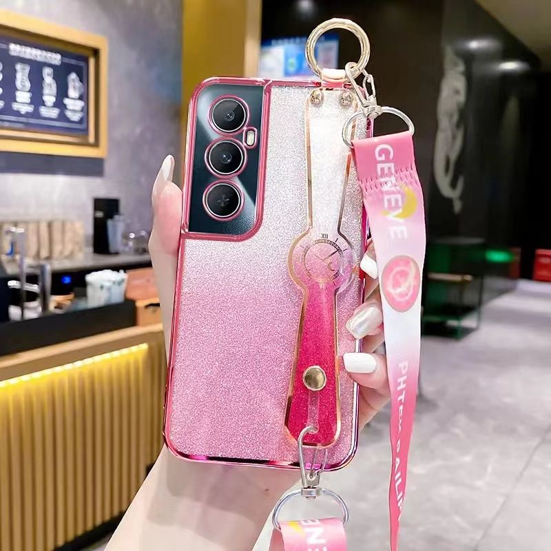 New - Wrist Strap Rope Transparent With Glitter Paper 2 in 1 Phone Case For OPPO Realme C65 -4G Protective Back Cover