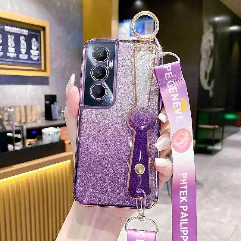 New - Wrist Strap Rope Transparent With Glitter Paper 2 in 1 Phone Case For OPPO Realme C65 -4G Protective Back Cover