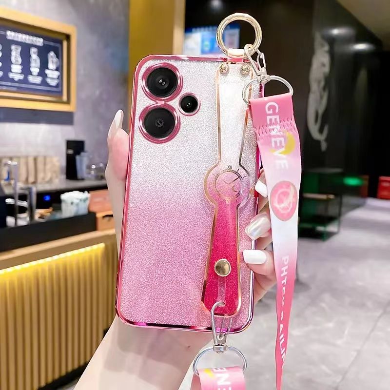 New - Wrist Strap Rope Transparent With Glitter Paper 2 in 1 Phone Case For Xiaomi Redmi Note 13 Pro+/Plus -5G Protective Back Cover