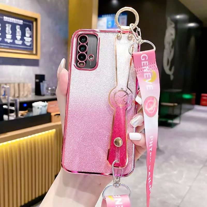 New - Wrist Strap Rope Transparent With Glitter Paper 2 in 1 Phone Case For Xiaomi Redmi 9T Protective Back Cover