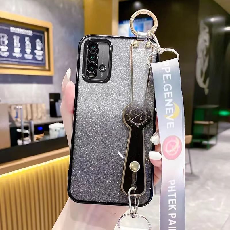 New - Wrist Strap Rope Transparent With Glitter Paper 2 in 1 Phone Case For Xiaomi Redmi 9T Protective Back Cover