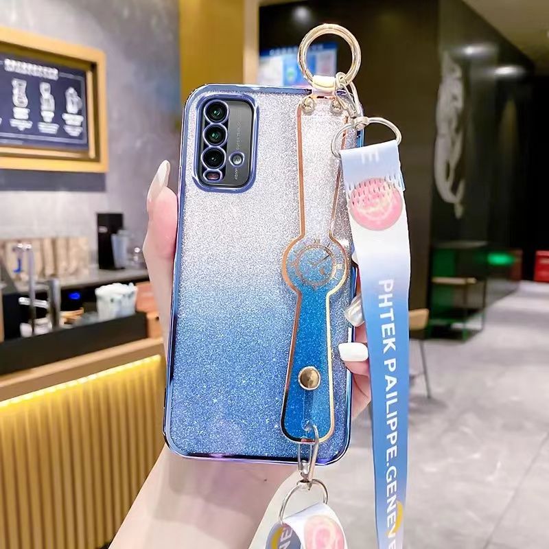 New - Wrist Strap Rope Transparent With Glitter Paper 2 in 1 Phone Case For Xiaomi Redmi 9T Protective Back Cover