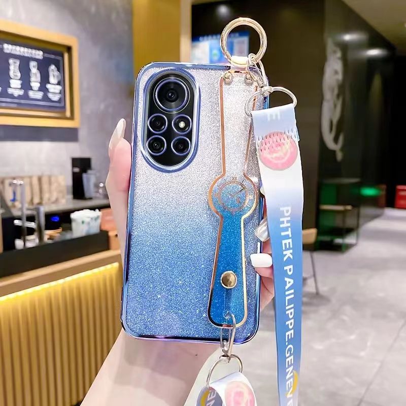 New - Wrist Strap Rope Transparent With Glitter Paper 2 in 1 Phone Case For Huawei Nova 8 Pro Protective Back Cover