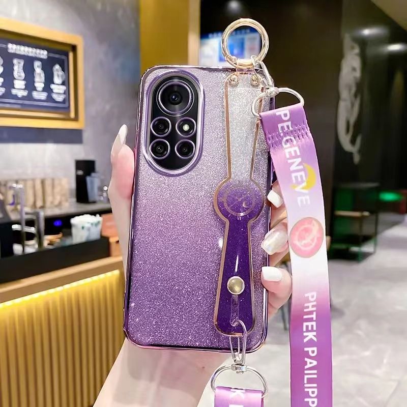 New - Wrist Strap Rope Transparent With Glitter Paper 2 in 1 Phone Case For Huawei Nova 8 Pro Protective Back Cover