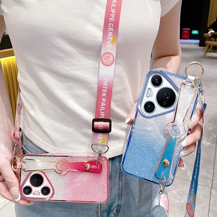 New - Wrist Strap Rope Transparent With Glitter Paper 2 in 1 Phone Case For Huawei Pura 70 6.6" Protective Back Cover