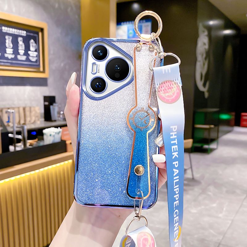New - Wrist Strap Rope Transparent With Glitter Paper 2 in 1 Phone Case For Huawei Pura 70 6.6" Protective Back Cover