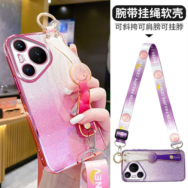 New - Wrist Strap Rope Transparent With Glitter Paper 2 in 1 Phone Case For Huawei Pura 70 6.6" Protective Back Cover