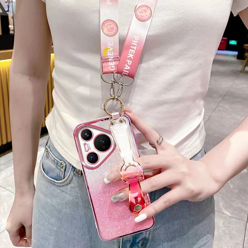 New - Wrist Strap Rope Transparent With Glitter Paper 2 in 1 Phone Case For Huawei Pura 70 6.6" Protective Back Cover