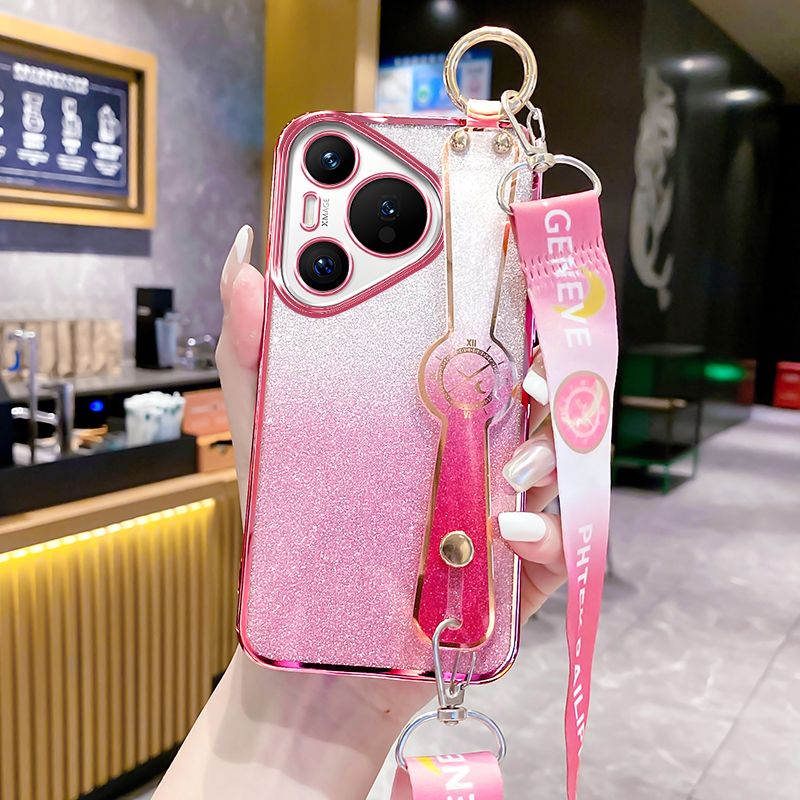 New - Wrist Strap Rope Transparent With Glitter Paper 2 in 1 Phone Case For Huawei Pura 70 6.6" Protective Back Cover