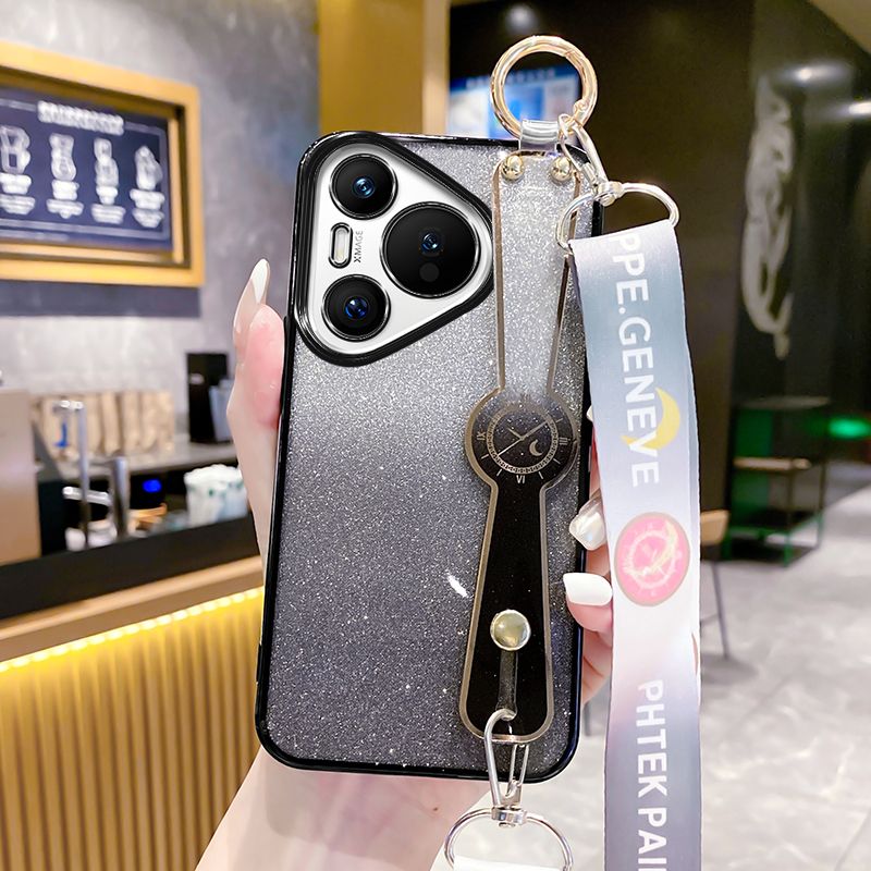 New - Wrist Strap Rope Transparent With Glitter Paper 2 in 1 Phone Case For Huawei Pura 70 6.6" Protective Back Cover