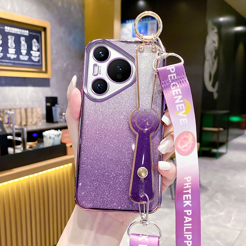 New - Wrist Strap Rope Transparent With Glitter Paper 2 in 1 Phone Case For Huawei Pura 70 6.6" Protective Back Cover
