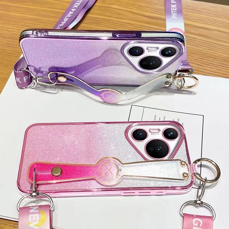 New - Wrist Strap Rope Transparent With Glitter Paper 2 in 1 Phone Case For Huawei Pura 70 6.6" Protective Back Cover