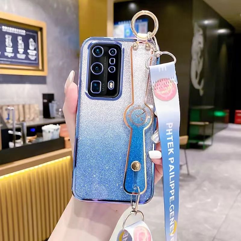 New - Wrist Strap Rope Transparent With Glitter Paper 2 in 1 Phone Case For Huawei P40 Pro+ Protective Back Cover
