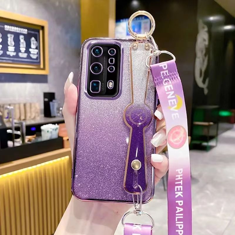 New - Wrist Strap Rope Transparent With Glitter Paper 2 in 1 Phone Case For Huawei P40 Pro+ Protective Back Cover