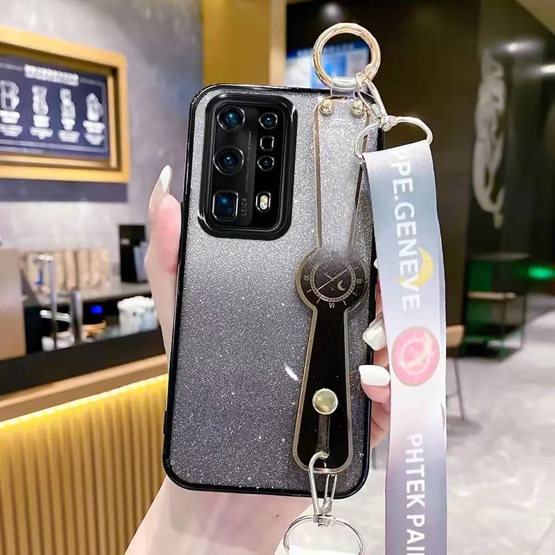 New - Wrist Strap Rope Transparent With Glitter Paper 2 in 1 Phone Case For Huawei P40 Pro+ Protective Back Cover