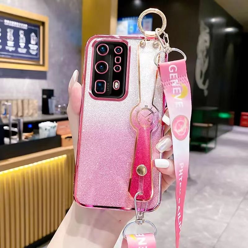 New - Wrist Strap Rope Transparent With Glitter Paper 2 in 1 Phone Case For Huawei P40 Pro+ Protective Back Cover