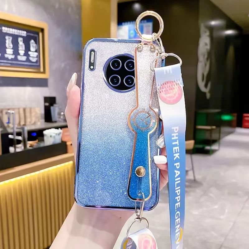 New - Wrist Strap Rope Transparent With Glitter Paper 2 in 1 Phone Case For Huawei Mate 30 Pro Protective Back Cover