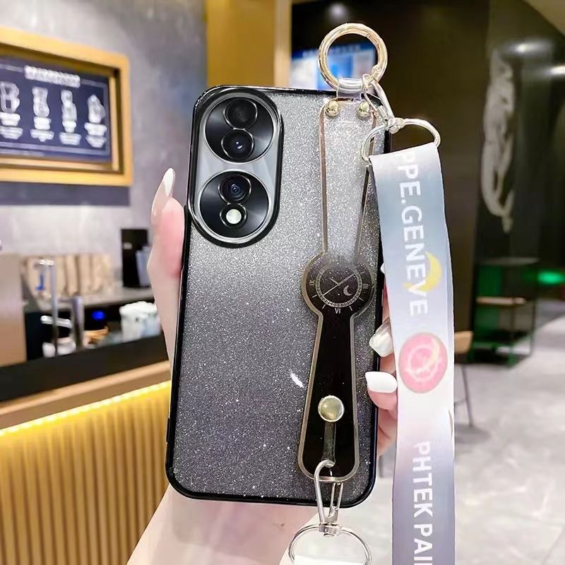 New - Wrist Strap Rope Transparent With Glitter Paper 2 in 1 Phone Case For Honor 70 Protective Back Cover