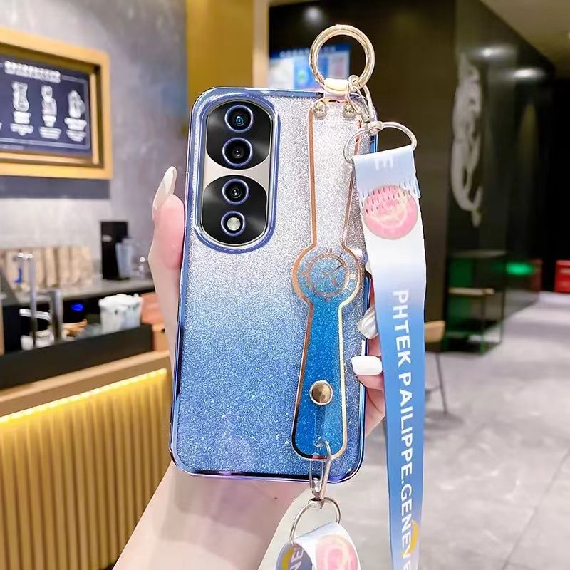 New - Wrist Strap Rope Transparent With Glitter Paper 2 in 1 Phone Case For Honor 70 Pro Protective Back Cover