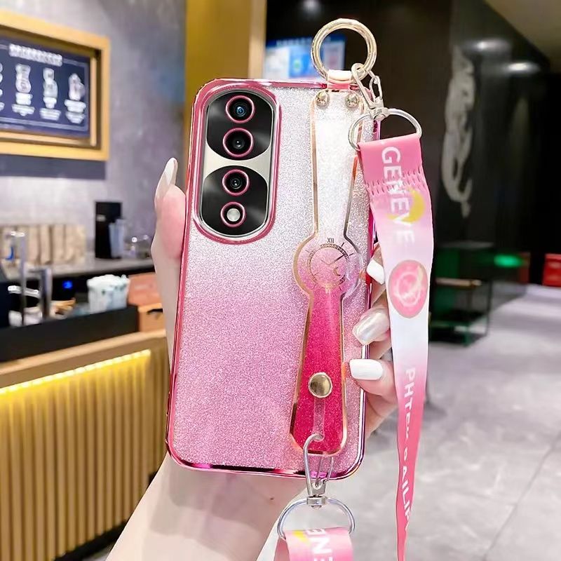 New - Wrist Strap Rope Transparent With Glitter Paper 2 in 1 Phone Case For Honor 70 Pro Protective Back Cover