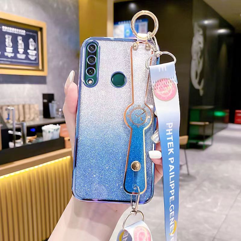 New - Wrist Strap Rope Transparent With Glitter Paper 2 in 1 Phone Case For Huawei Y6P Protective Back Cover