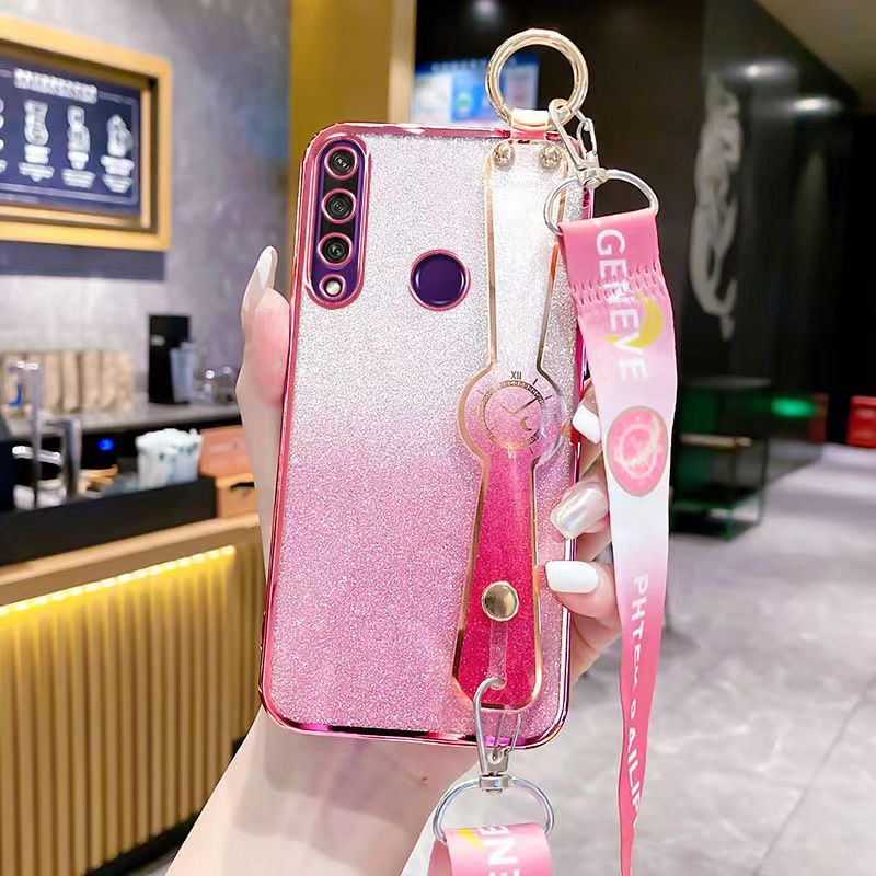 New - Wrist Strap Rope Transparent With Glitter Paper 2 in 1 Phone Case For Huawei Y6P Protective Back Cover