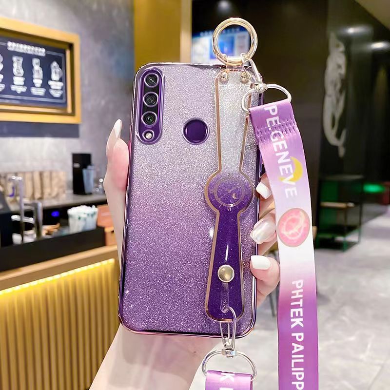 New - Wrist Strap Rope Transparent With Glitter Paper 2 in 1 Phone Case For Huawei Y6P Protective Back Cover