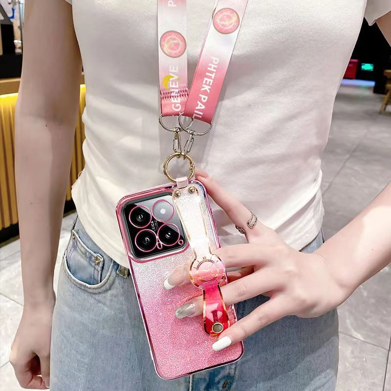 New - Wrist Strap Rope Transparent With Glitter Paper 2 in 1 Phone Case For XiaoMi 14 -5G Protective Back Cover
