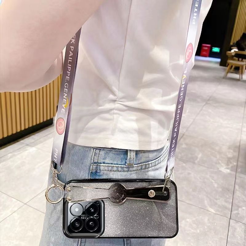 New - Wrist Strap Rope Transparent With Glitter Paper 2 in 1 Phone Case For XiaoMi 14 -5G Protective Back Cover