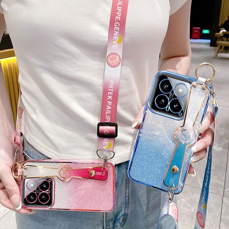 New - Wrist Strap Rope Transparent With Glitter Paper 2 in 1 Phone Case For XiaoMi 14 -5G Protective Back Cover