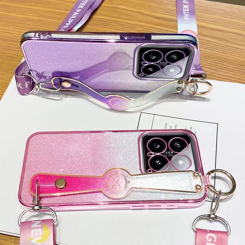 New - Wrist Strap Rope Transparent With Glitter Paper 2 in 1 Phone Case For XiaoMi 14 -5G Protective Back Cover