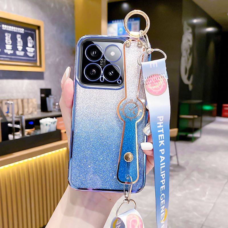 New - Wrist Strap Rope Transparent With Glitter Paper 2 in 1 Phone Case For XiaoMi 14 -5G Protective Back Cover