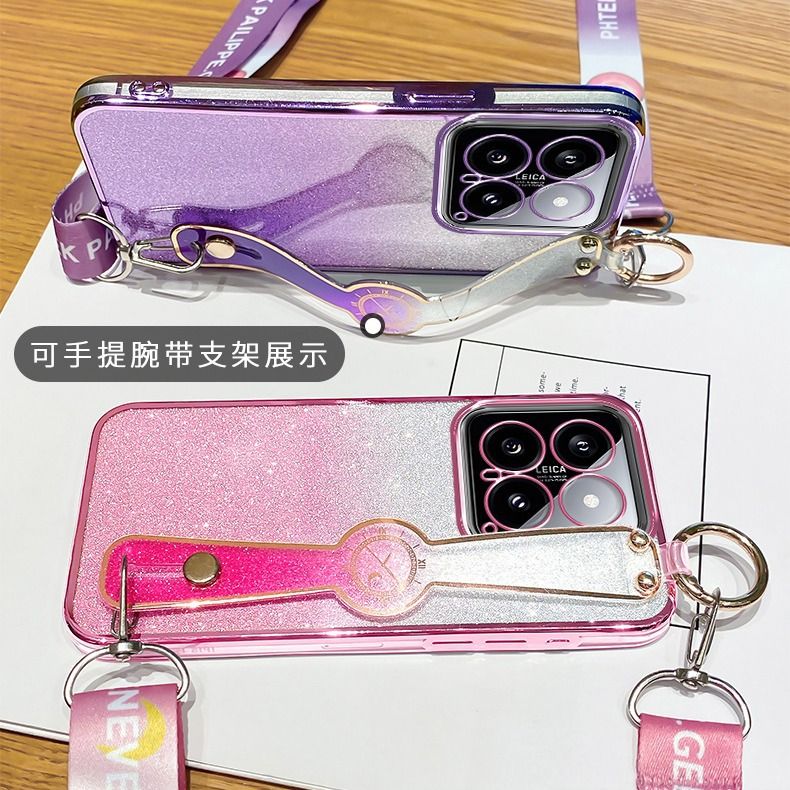 New - Wrist Strap Rope Transparent With Glitter Paper 2 in 1 Phone Case For XiaoMi 14 -5G Protective Back Cover