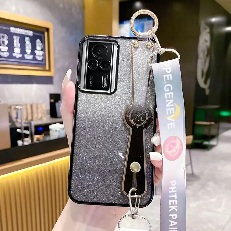 New - Wrist Strap Rope Transparent With Glitter Paper 2 in 1 Phone Case For Xiaomi Redmi K60e, Protective Back Cover