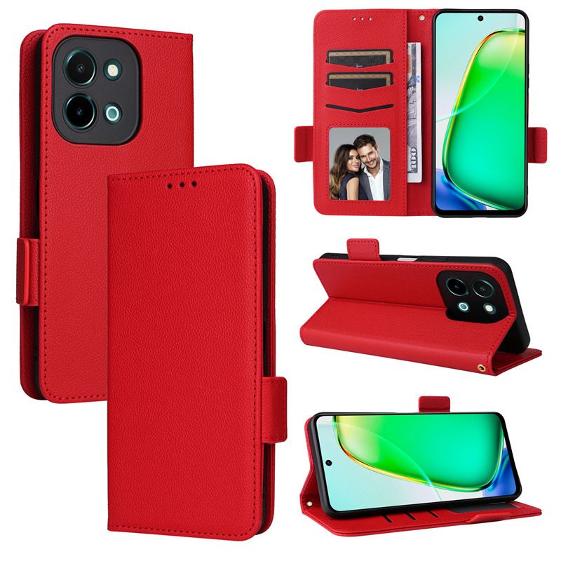 Wallet Flip Cover for Vivo Y28 4G Case Lychee Pattern Leather Magnetic Flip Folio Stand Phone Cover with Card Holder