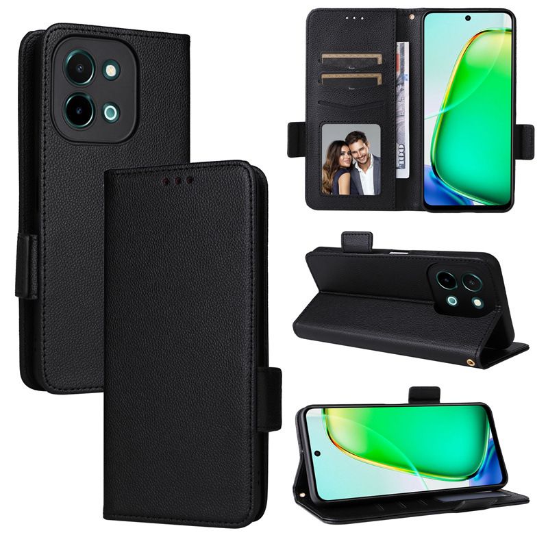 Wallet Flip Cover for Vivo Y28 4G Case Lychee Pattern Leather Magnetic Flip Folio Stand Phone Cover with Card Holder