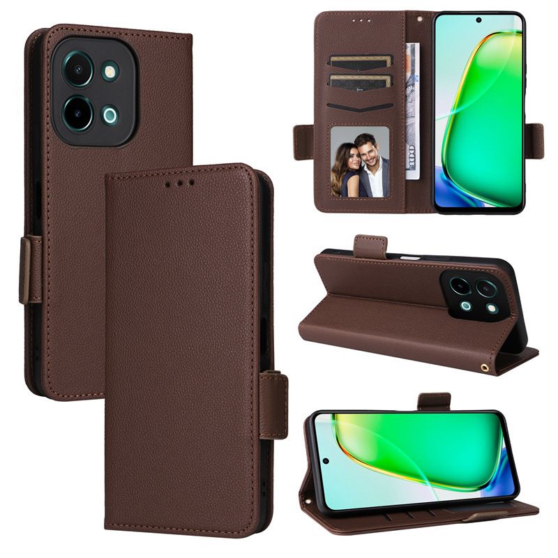 Wallet Flip Cover for Vivo Y28 4G Case Lychee Pattern Leather Magnetic Flip Folio Stand Phone Cover with Card Holder