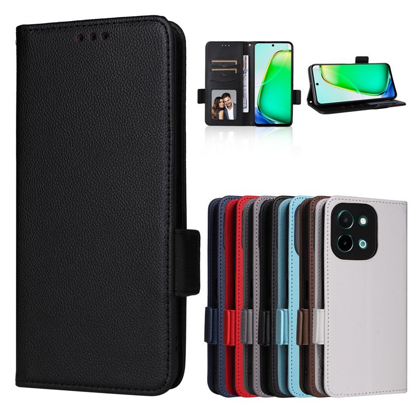 Wallet Flip Cover for Vivo Y28 4G Case Lychee Pattern Leather Magnetic Flip Folio Stand Phone Cover with Card Holder