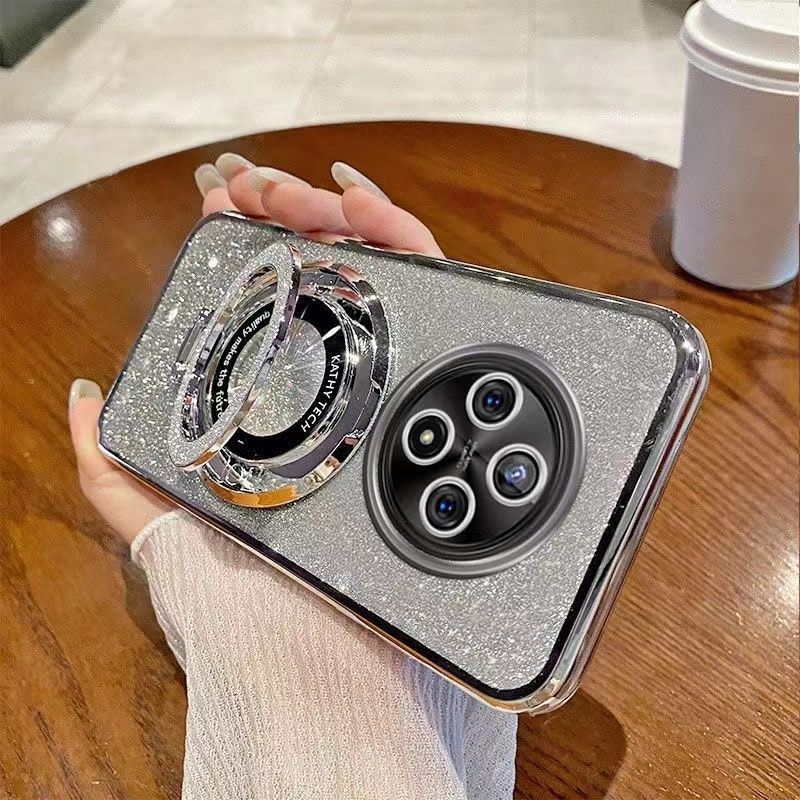 Luxury Transparent Glitter Powder Protective Cover For OPPO Reno 12F/Reno 12 F Magnetic Support Phone Case