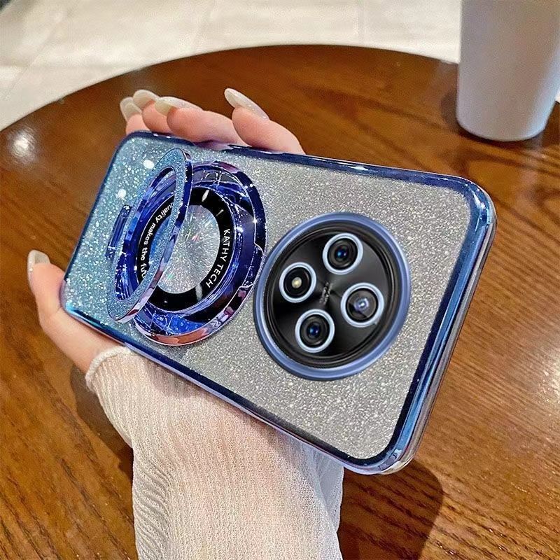 Luxury Transparent Glitter Powder Protective Cover For OPPO Reno 12F/Reno 12 F Magnetic Support Phone Case