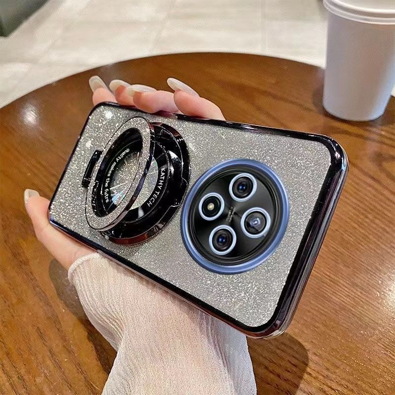 Luxury Transparent Glitter Powder Protective Cover For OPPO Reno 12F/Reno 12 F Magnetic Support Phone Case