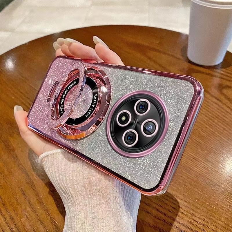 Luxury Transparent Glitter Powder Protective Cover For OPPO Reno 12F/Reno 12 F Magnetic Support Phone Case