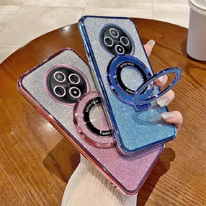 Luxury Transparent Glitter Powder Protective Cover For OPPO Reno 12F/Reno 12 F Magnetic Support Phone Case
