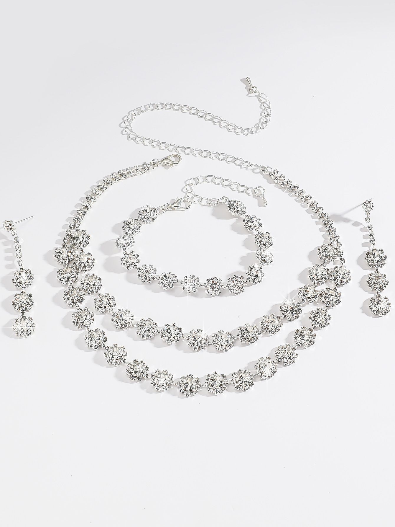 Bridal Jewellery Set Fashion Rhinestone Full Necklace Earrings Bracelet Three Piece Set