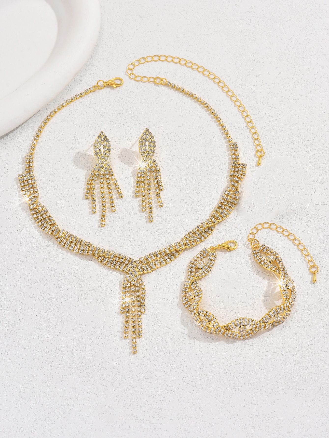 Three Piece Claw Chain Rhinestone Wedding Necklace Bridal Necklace Earrings Jewelry Banquet Jewellery Evening Dress Sets