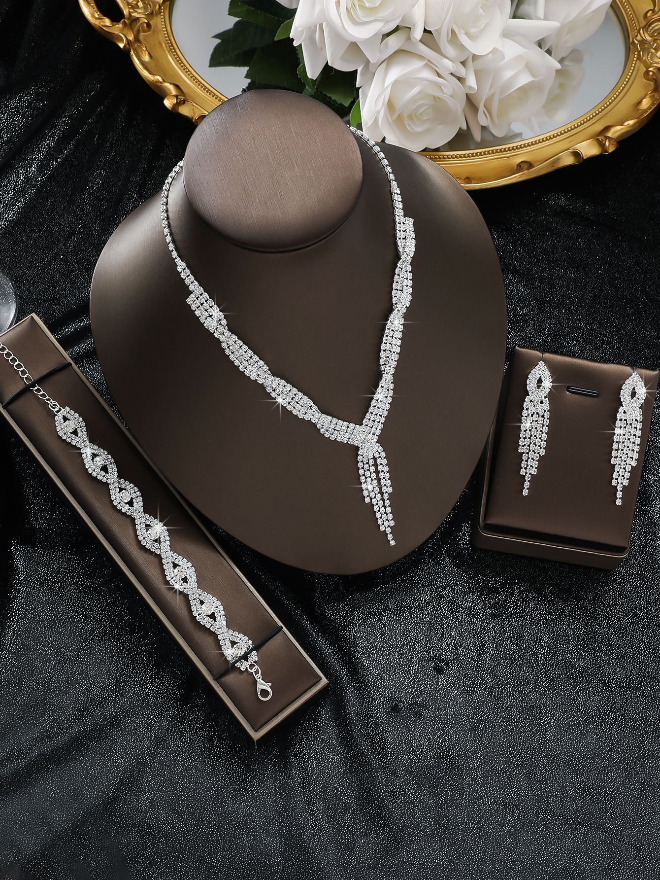 Three Piece Claw Chain Rhinestone Wedding Necklace Bridal Necklace Earrings Jewelry Banquet Jewellery Evening Dress Sets