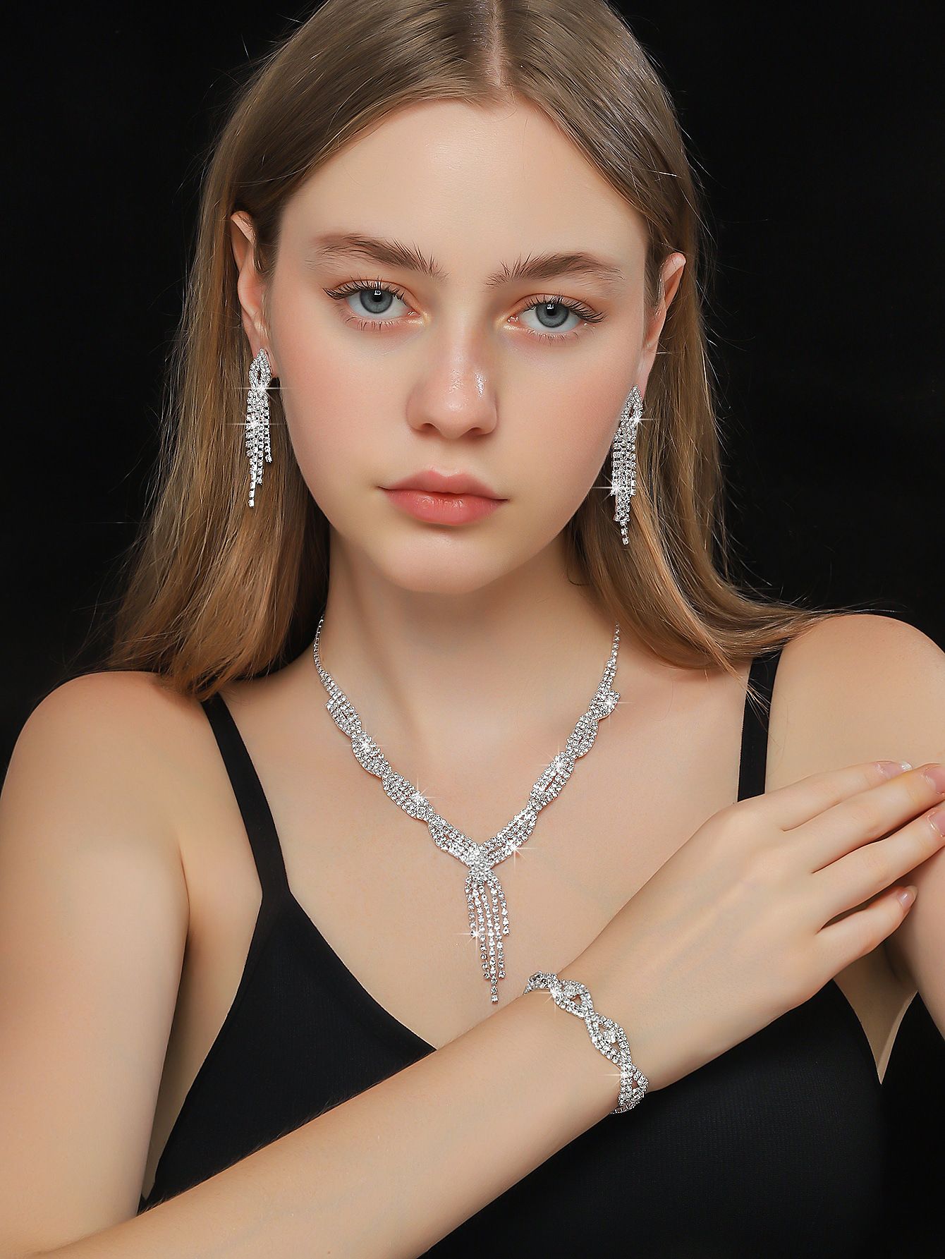 Three Piece Claw Chain Rhinestone Wedding Necklace Bridal Necklace Earrings Jewelry Banquet Jewellery Evening Dress Sets