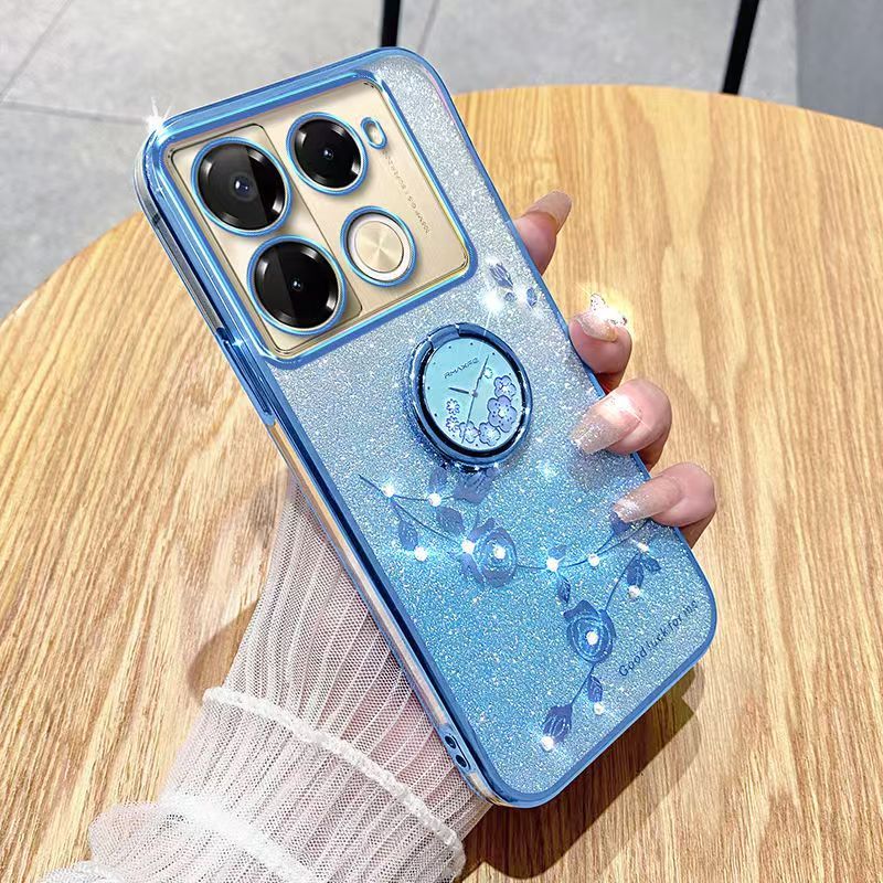 For Infinix Note 40 Pro 4G/Note 40 Pro 5G Phone Case Flash Women's and Girls Pink Flower Transparent Shock Protection Luxury Diamond Shining Phone Case Soft TPU