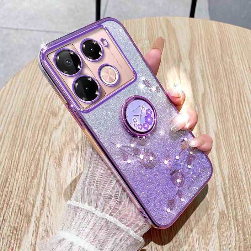 For Infinix Note 40 Pro 4G/Note 40 Pro 5G Phone Case Flash Women's and Girls Pink Flower Transparent Shock Protection Luxury Diamond Shining Phone Case Soft TPU