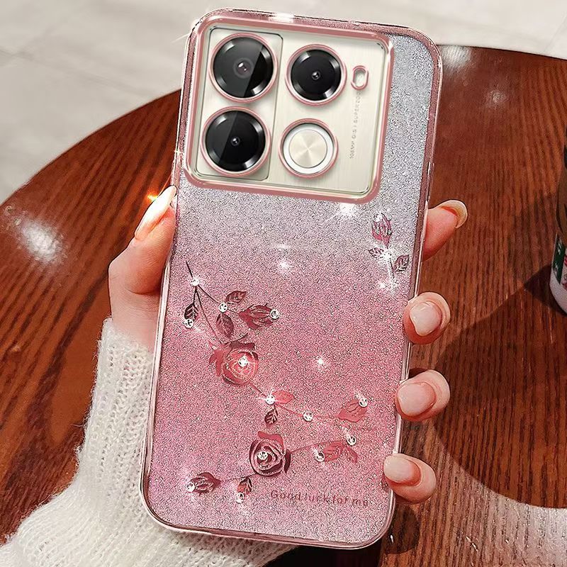 For Infinix Note 40 Pro 4G/Note 40 Pro 5G Phone Case Flash Women's and Girls Pink Flower Transparent Shock Protection Luxury Diamond Shining Phone Case Soft TPU